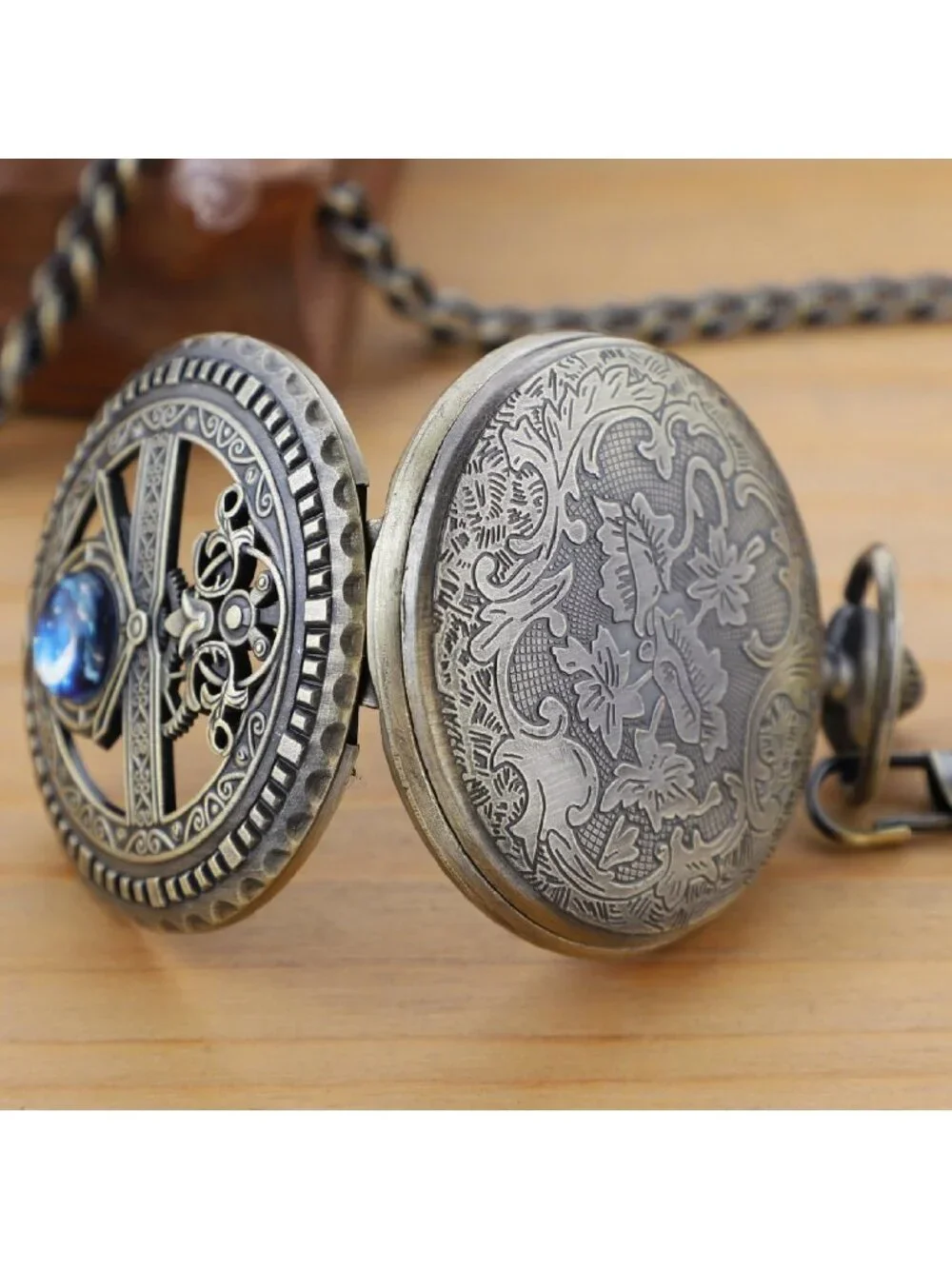 Men's Brown And Gold Analog Quartz Arabic Numeral Moon Phase Chain Pocket Watch